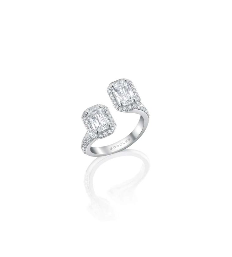 Boodles Gemini ring in white gold set with two Ashoka-cut diamonds in a vintage setting