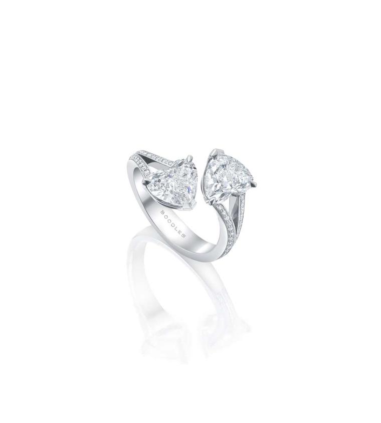 Boodles Gemini white gold ring set with two heart-shaped diamonds over 3ct
