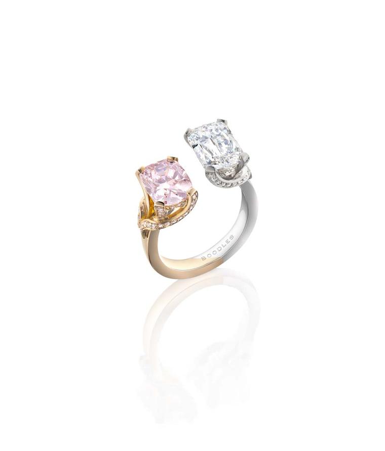 Boodles Gemini white and pink gold ring set with a 3ct Ashoka-cut diamond alongside a 2.5ct Fancy pink cushion-cut diamond (£POA)