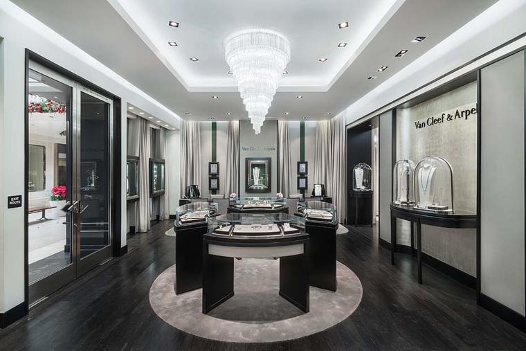 Twice as big as its original space, the Van Cleef & Arpels boutique is decorated with rich silk walls, gold leaf accents and a sophisticated colour scheme