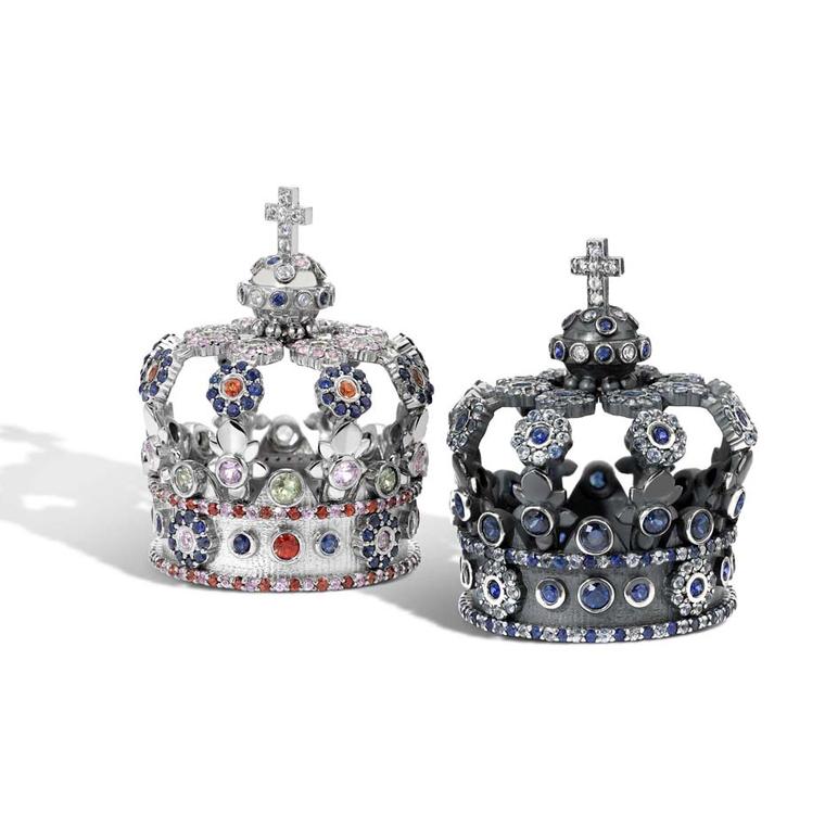 Created by Nicola Pulvertaft, designer and owner of new jewellery brand Powder Hill, two sapphire-set crowns are perfect scaled-down replicas of the crown worn by the king of Bavaria