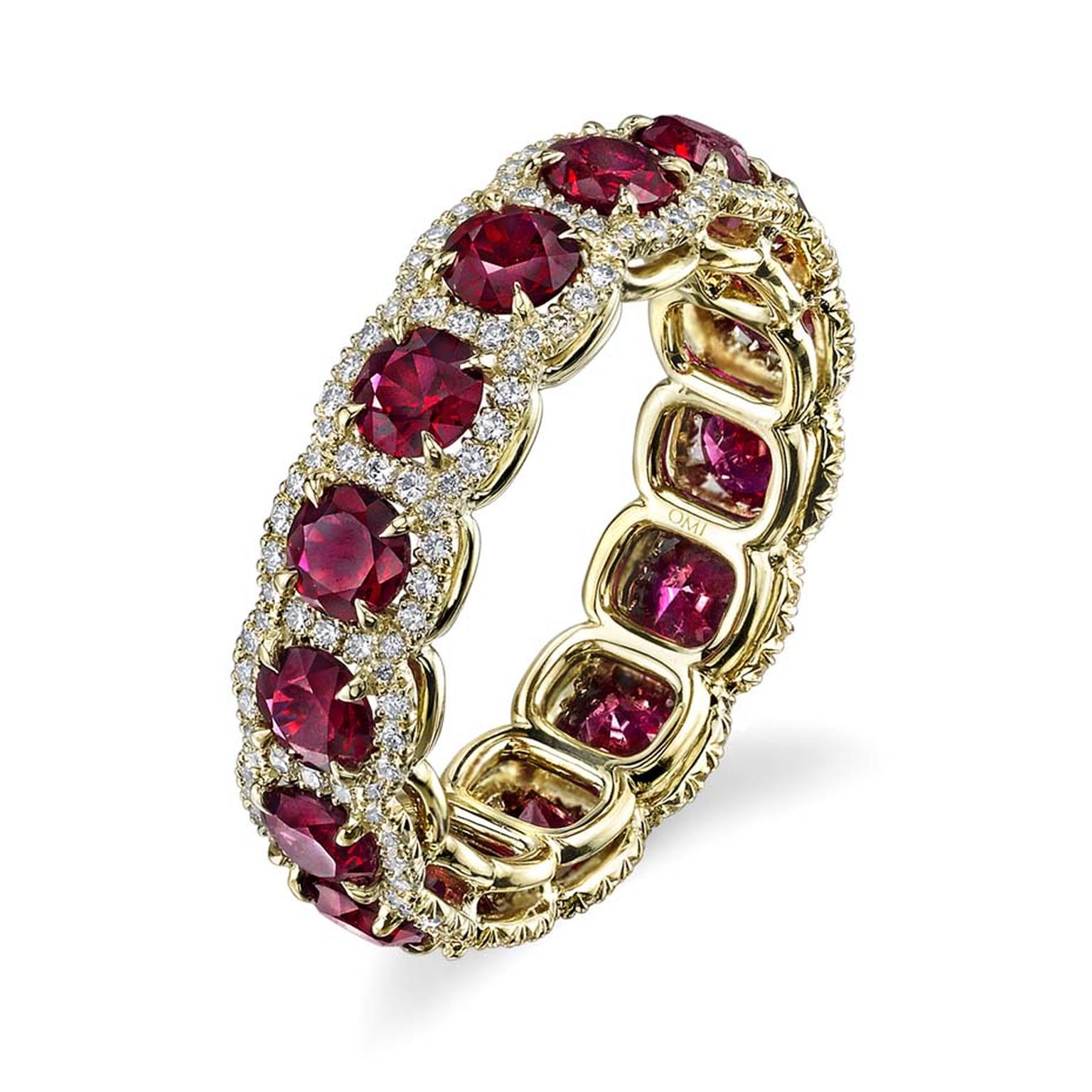 Omi Privé ruby and diamond eternity wedding band