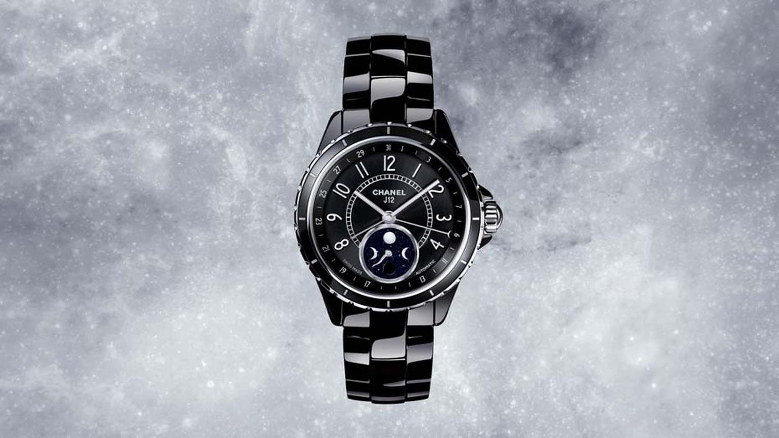 Chanel's iconic J12 ceramic watch features a blue aventurine Moon phase counter