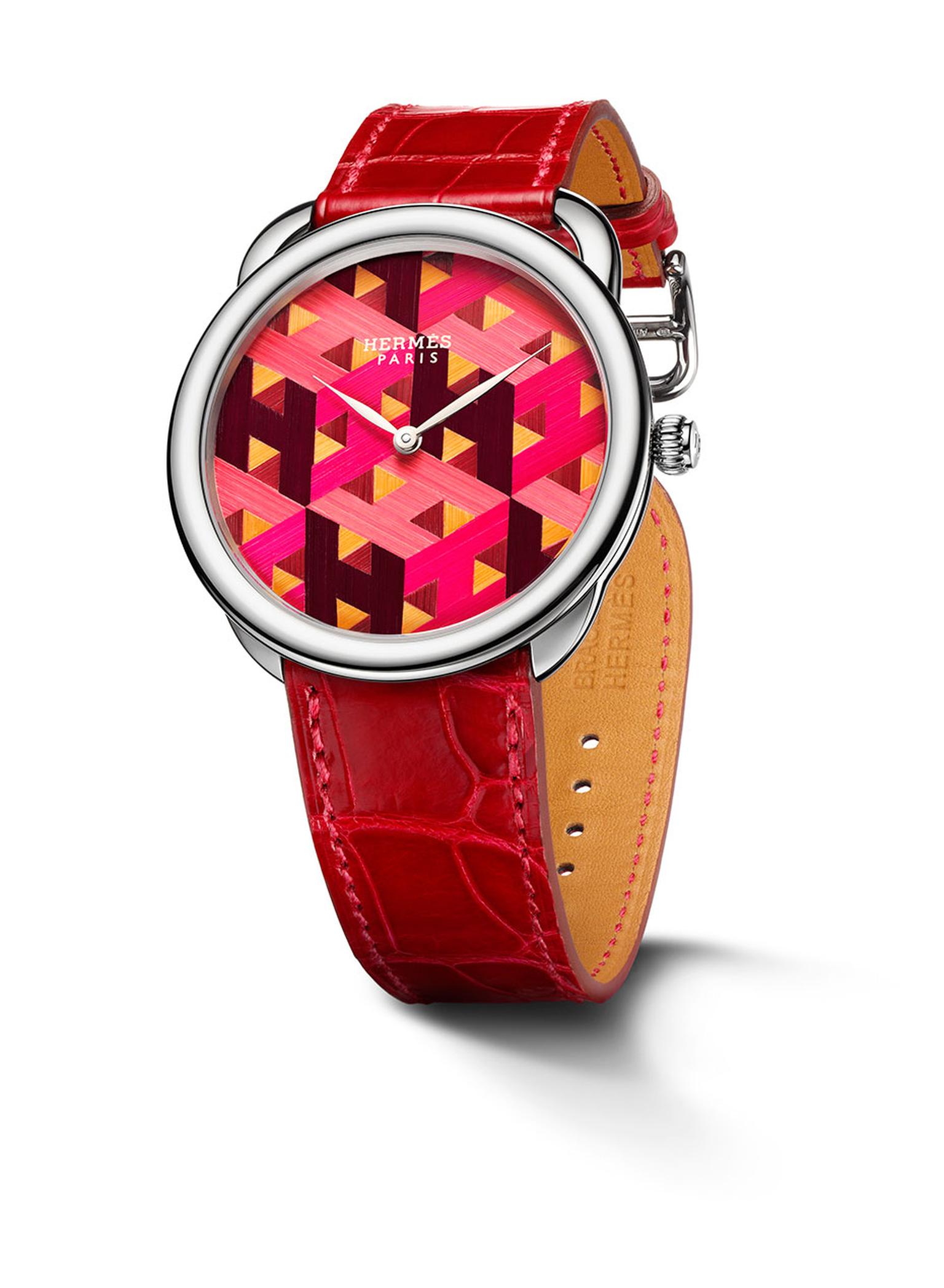 The Hermès Arceau H Cube is a limited edition of 10 and features a dial made entirely of straw marquetry