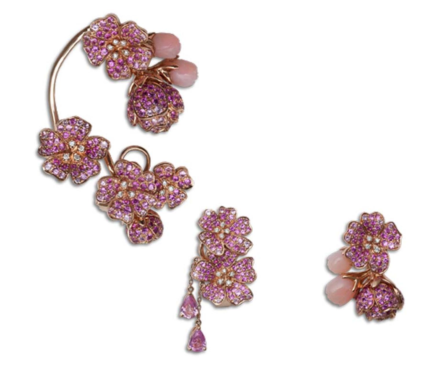 Morphée's Cherry Tree Blossom earrings are set with sapphires, diamonds and pink opals