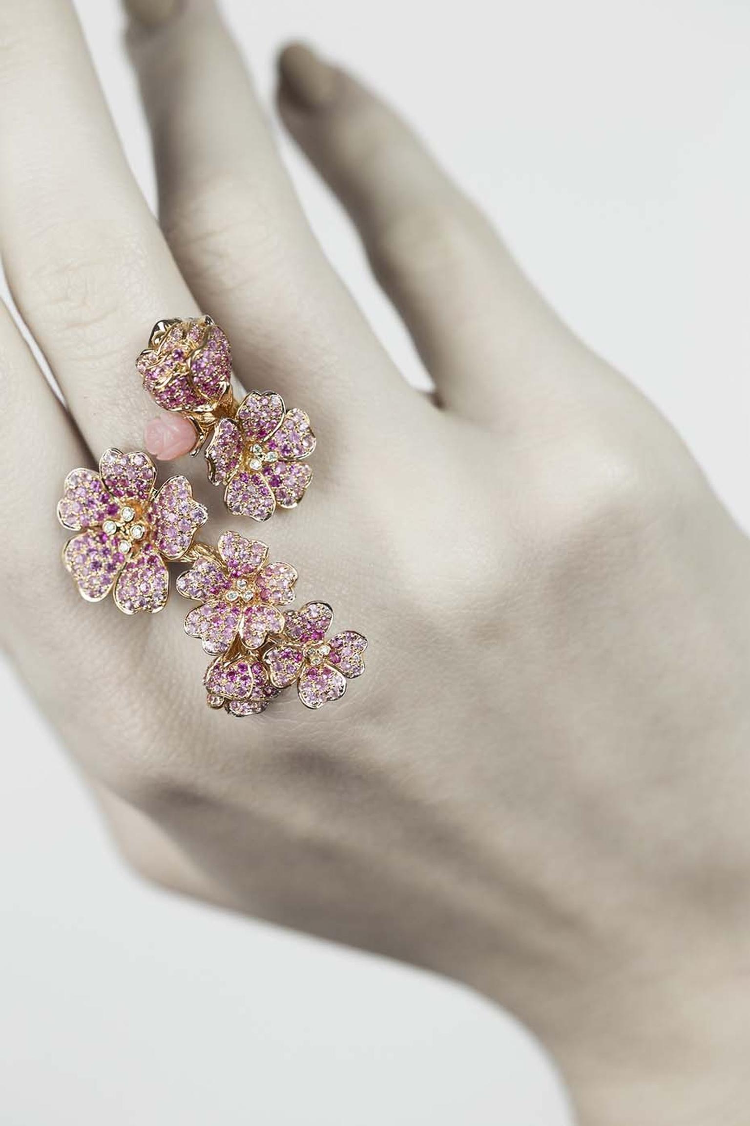 Morphée Cherry Tree Blossom ring in pink gold with sapphires, diamonds and pink opals