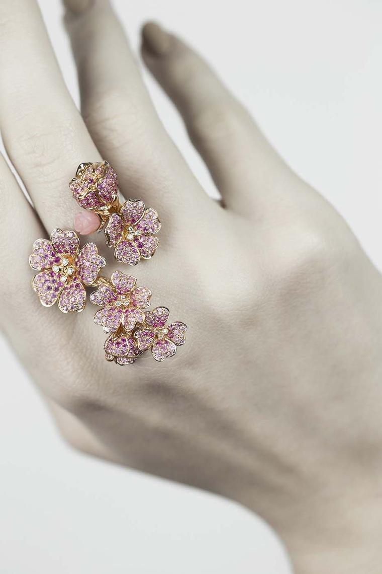 Morphée Cherry Tree Blossom ring in pink gold with sapphires, diamonds and pink opals