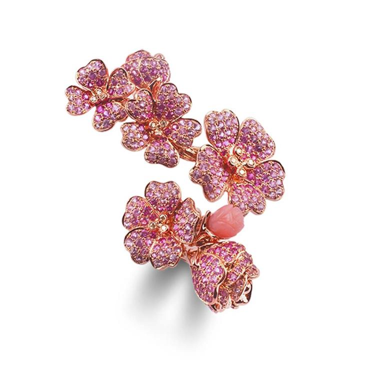 Morphée Cherry Tree Blossom ring in pink gold with sapphires, diamonds and pink opals