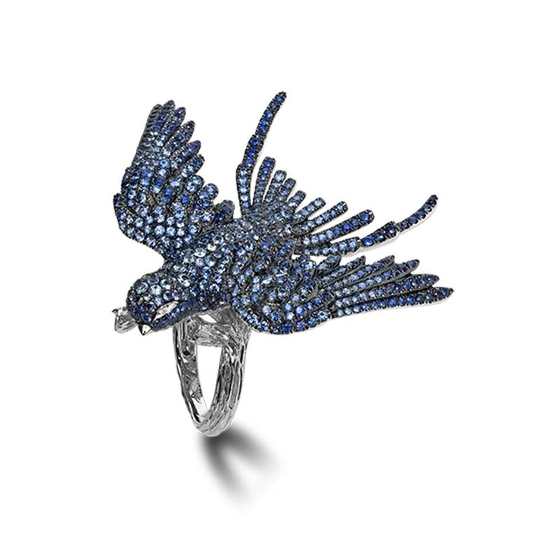 Morphée The Flight ring in gold pavé set with sapphires and diamonds