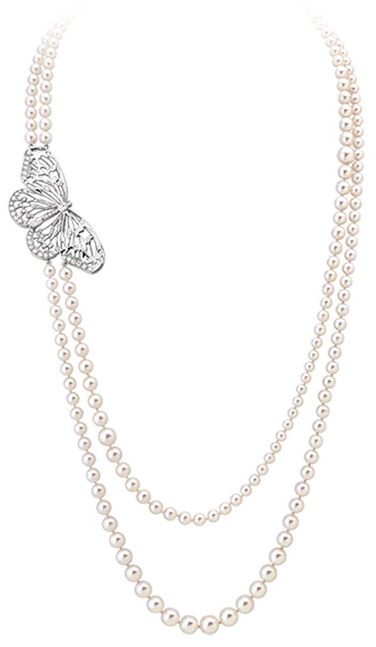 Morphée Flutterby Butterfly necklace in white gold with diamonds and Akoya pearls