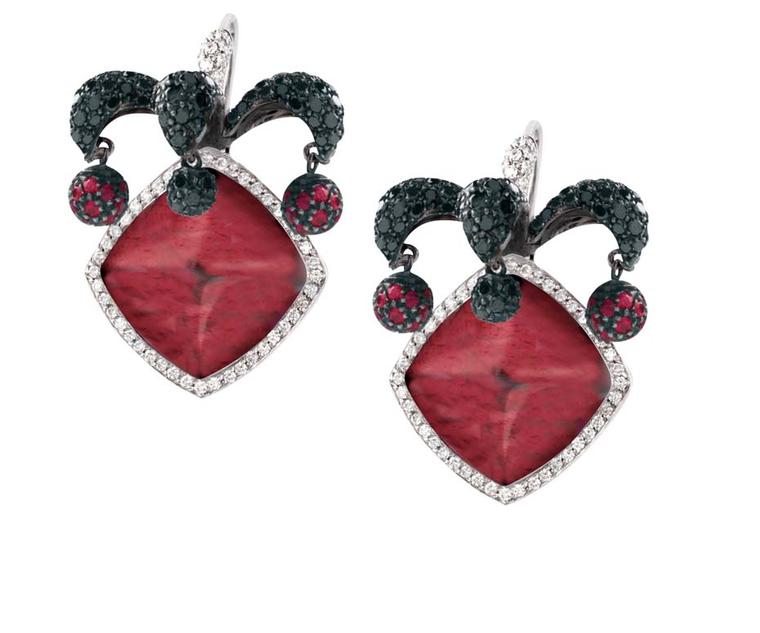 Avakian Joker earrings set with rubellites and black and white diamonds