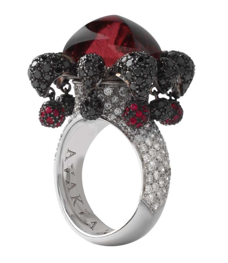 Avakian Joker ring set with rubellites and black and white diamonds