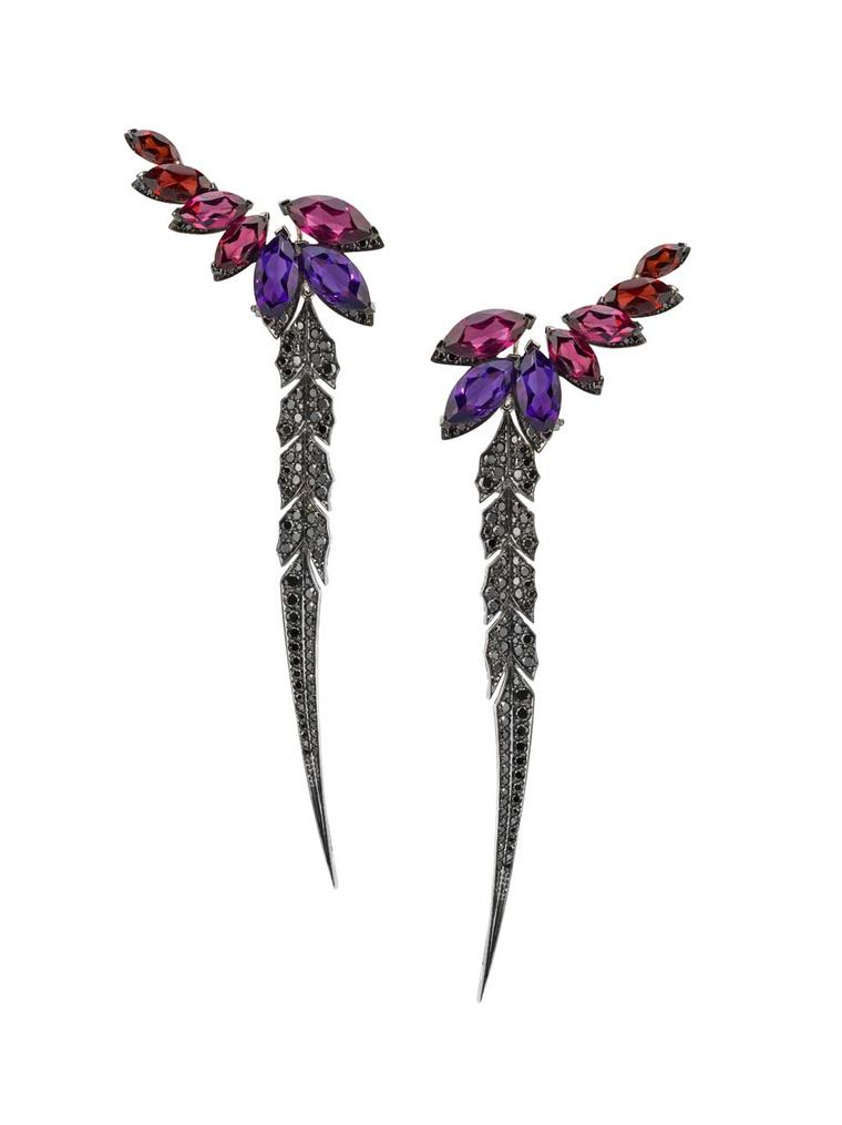Stephen Webster Magnipheasant earrings with amethyst, pink tourmaline and peridot, surrounded by a border of pavé black diamonds