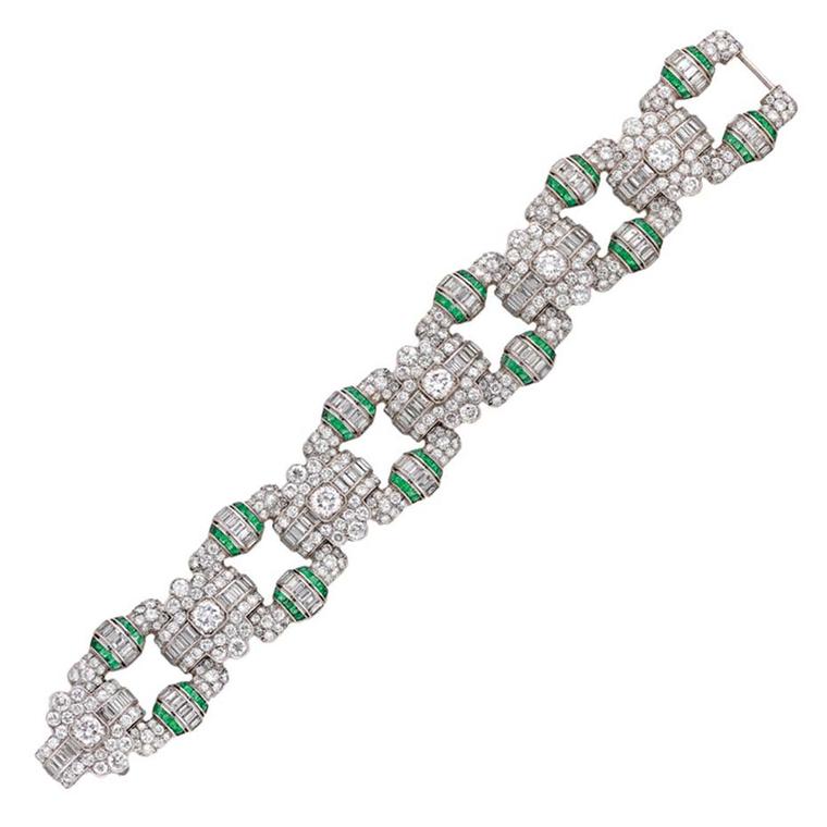 An Art Deco emerald diamond panel bracelet from Bentley & Skinner on 1stdibs