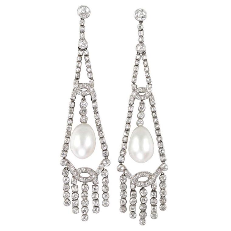 Art Deco Oriental natural pearl diamond chandelier earrings from Bentley & Skinner on 1stdibs