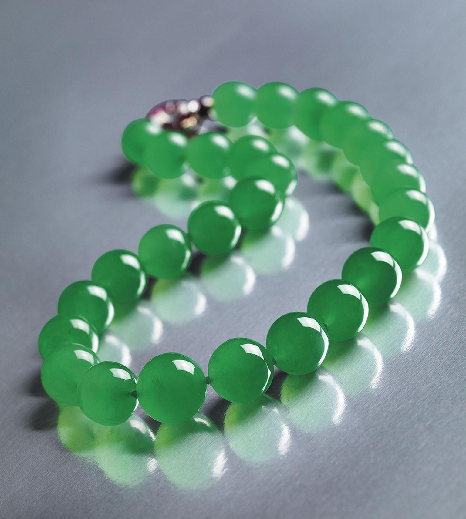 Made up of 27 Qing jadeite beads, The Hutton-Mdivani necklace was formerly the property of socialite and heiress Barbara Hutton