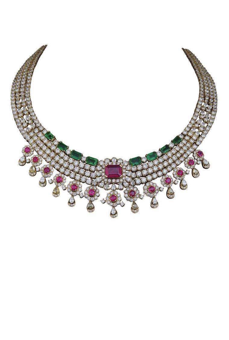 The Varuna D Jani Vow collection necklaces featuring diamonds, rubies and emeralds with the pendant removed