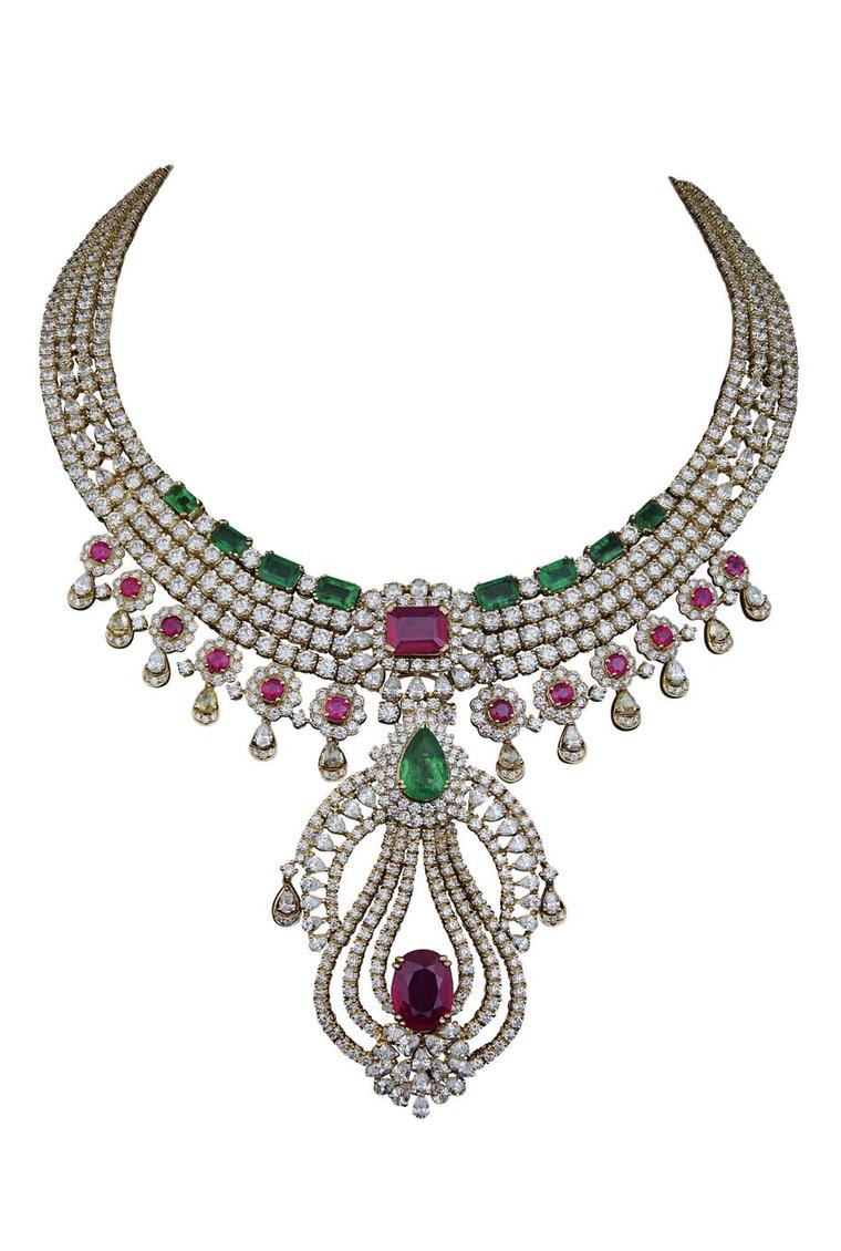 Varuna D Jani Vow collection necklace with diamonds, rubies and emeralds. The pendant is detachable