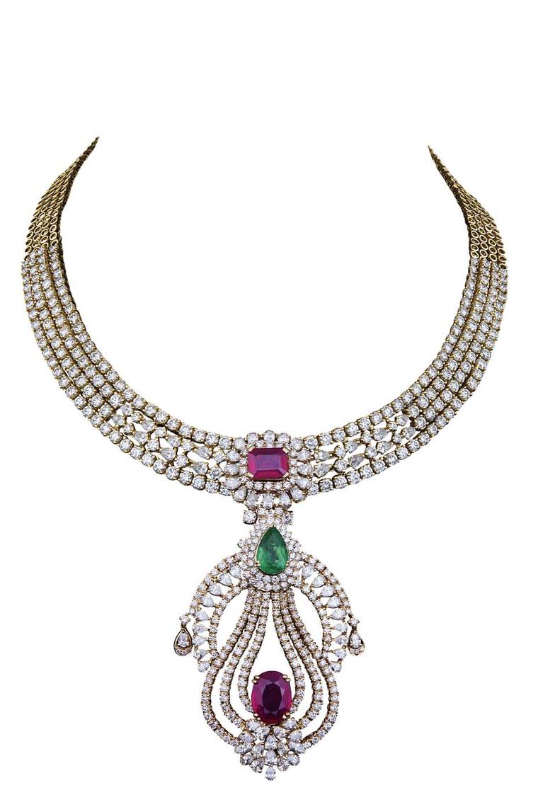 Varuna D Jani Vow collection pendant necklace with diamonds, rubies and emeralds. The pendant is detachable