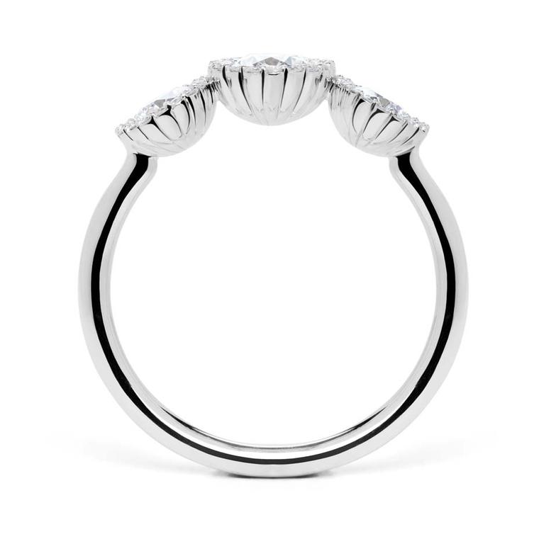 Andrew Geoghegan Cannelé Trois white gold engagement ring features a fluted setting