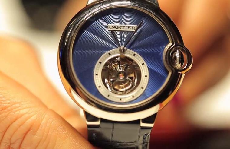 The new Ballon Bleu de Cartier Flying Tourbillon watch features a richly rippled blue guilloché dial