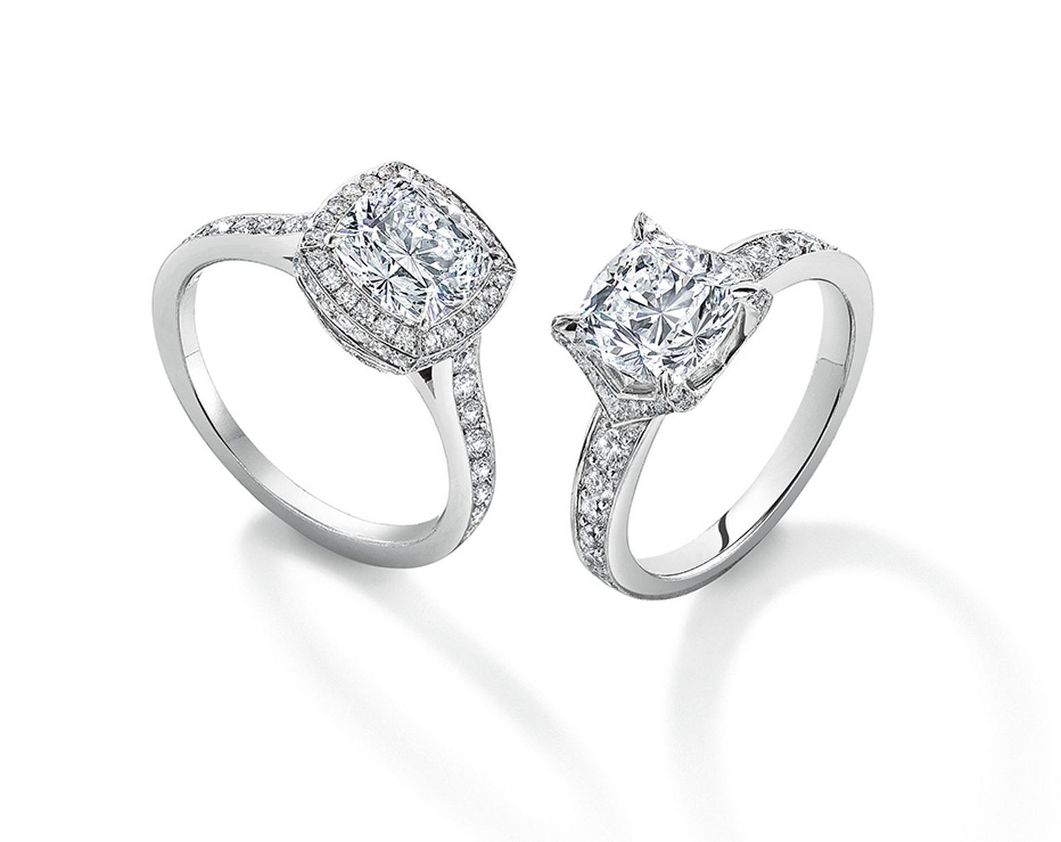 Asprey Cut diamond engagement rings with a micro-set diamond surround and pavé diamond V setting