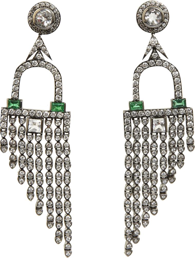 Deborah Pagani white gold Deco Fringe earrings featuring diamonds, rock crystal and emeralds