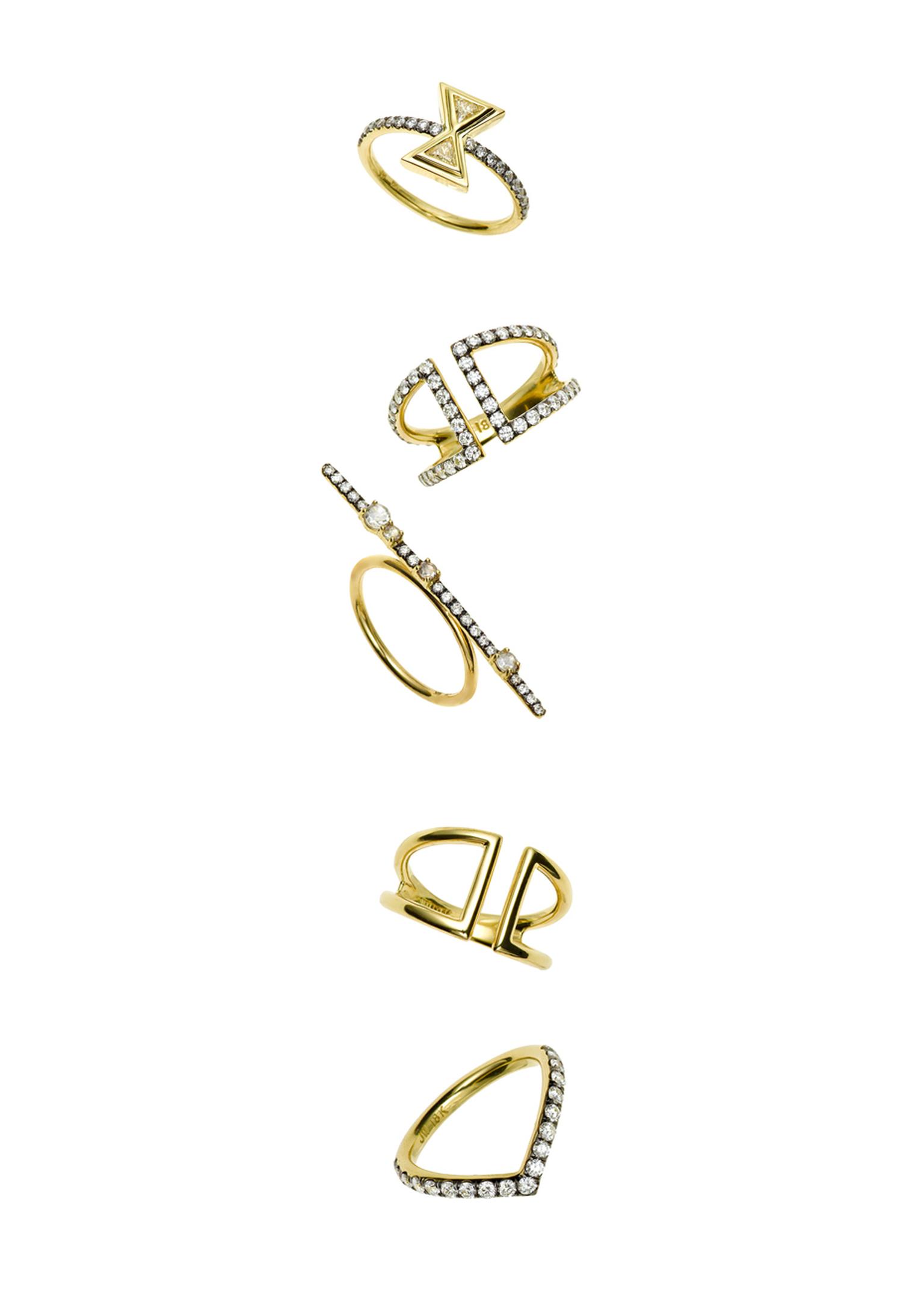 Jemma Wynne yellow gold Covet rings with rose-cut and white diamonds