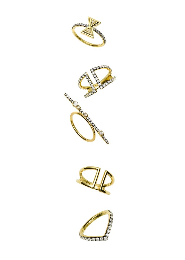 Jemma Wynne yellow gold Covet rings with rose-cut and white diamonds