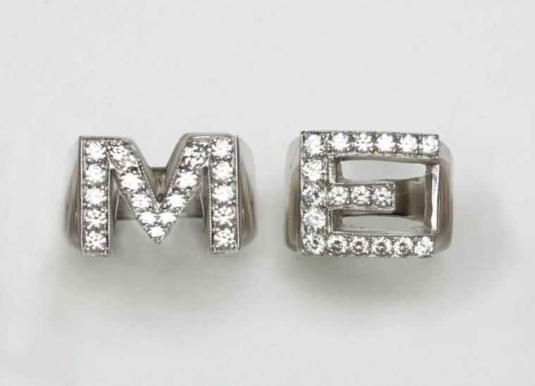 The diamond initial "M" and "E" rings worn by Madonna at the Grammy Awards 2014