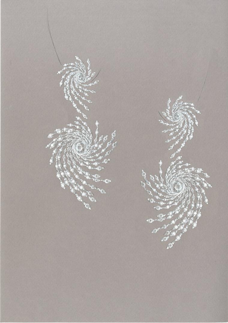 Shaun Leane's original sketch of the one-off Storm earrings he designed for Asprey