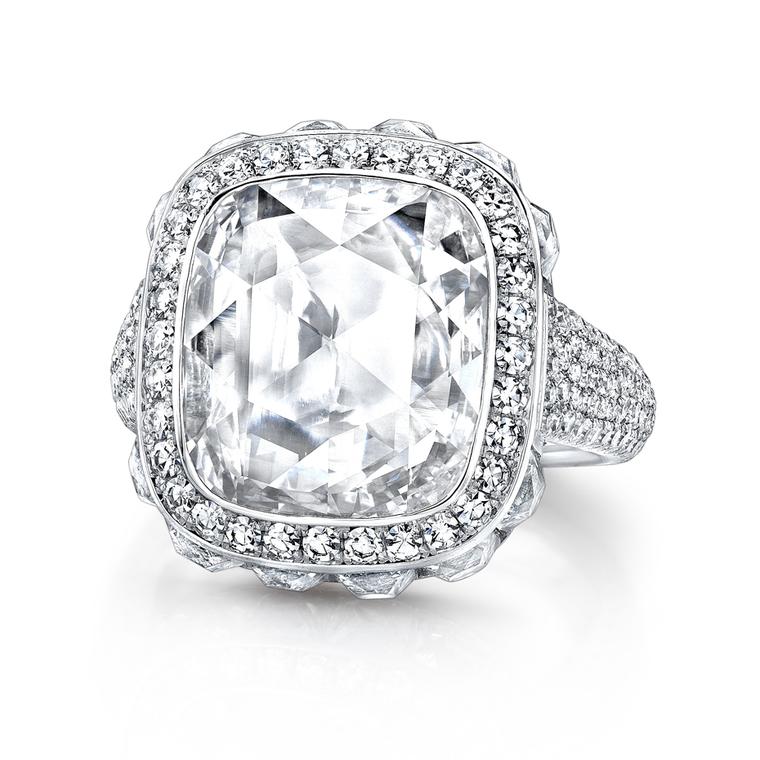 Martin Katz New York collection diamond and platinum ring, set with a 4.38ct cushion rose-cut diamond
