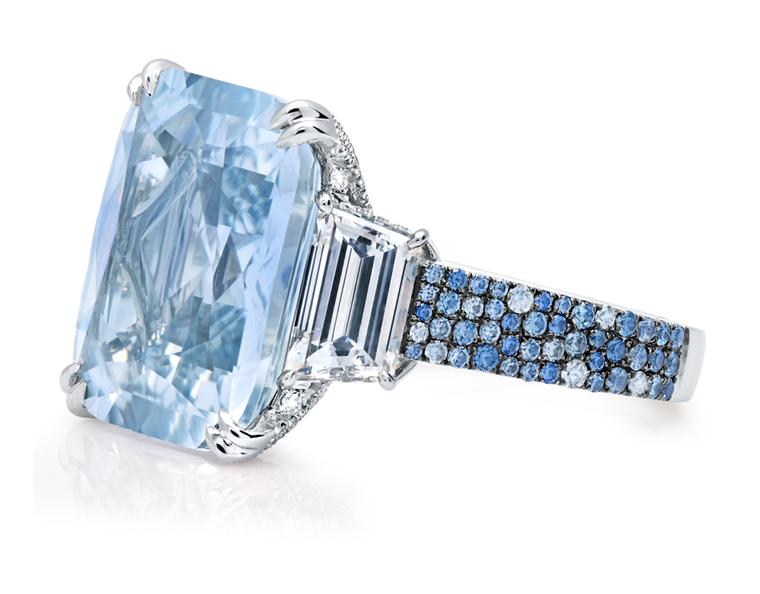 Martin Katz New York collection ring in platinum featuring a 17.56ct pale blue cushion-cut sapphire