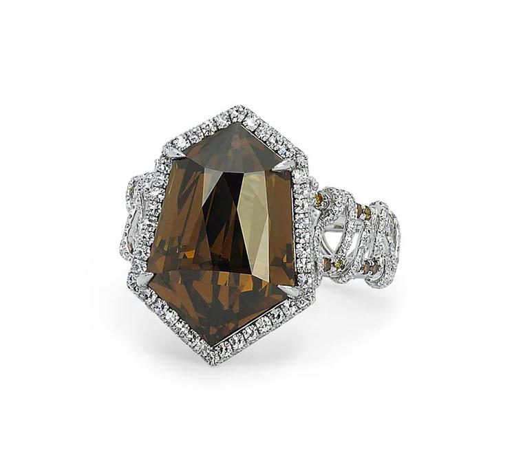 Martin Katz New York collection ring, set with a 10.97ct kite-shape cognac diamond and micro-set diamonds in white gold