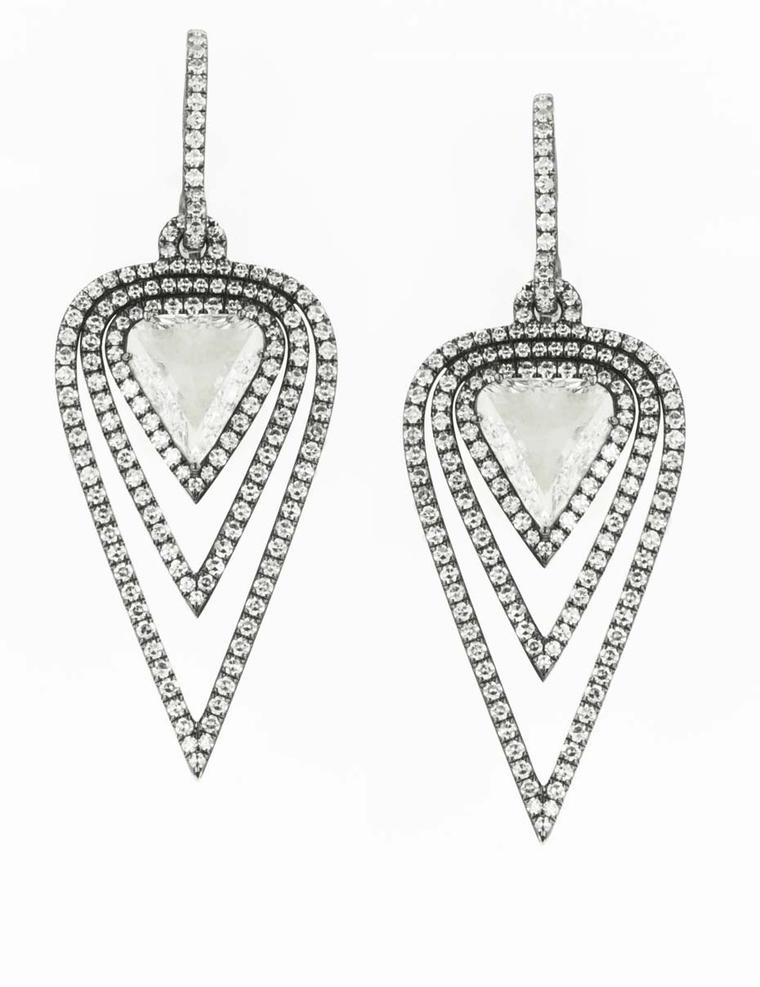 Martin Katz New York collection diamond earrings in antiqued white gold, set with 3.30ct triangular rose-cut diamonds
