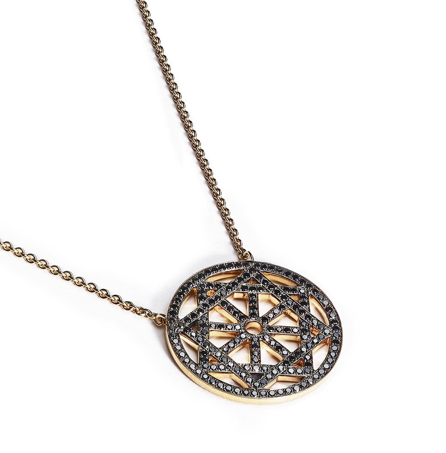 Pamela Love Fine Arch Pendant in rose gold with pavé black diamonds