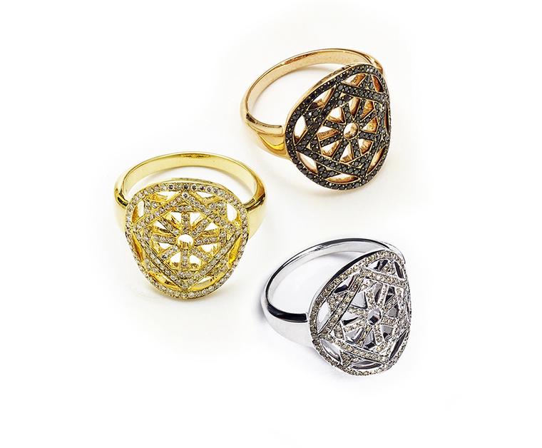 Pamela Love Fine Arch Rings in yellow gold with pavé white diamonds, rose gold with pavé black diamonds and white gold with pavé champagne diamonds
