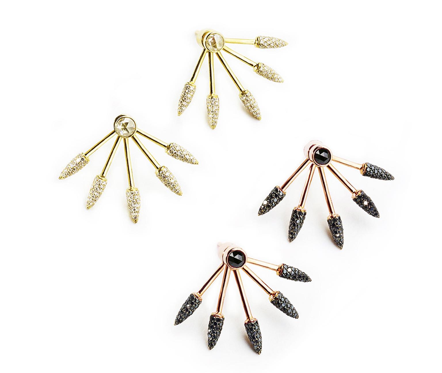 Pamela Love Fine Five Spike Earrings in yellow gold, with a rose-cut white diamond and pavé diamond spikes, and rose gold with a full-cut black diamond and pavé black diamond spikes