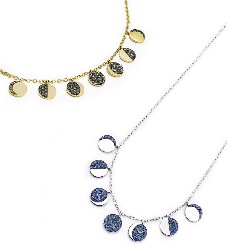 Pamela Love Fine Moon Phase Necklaces in yellow gold with pavé black diamonds and white gold and pavé blue sapphires