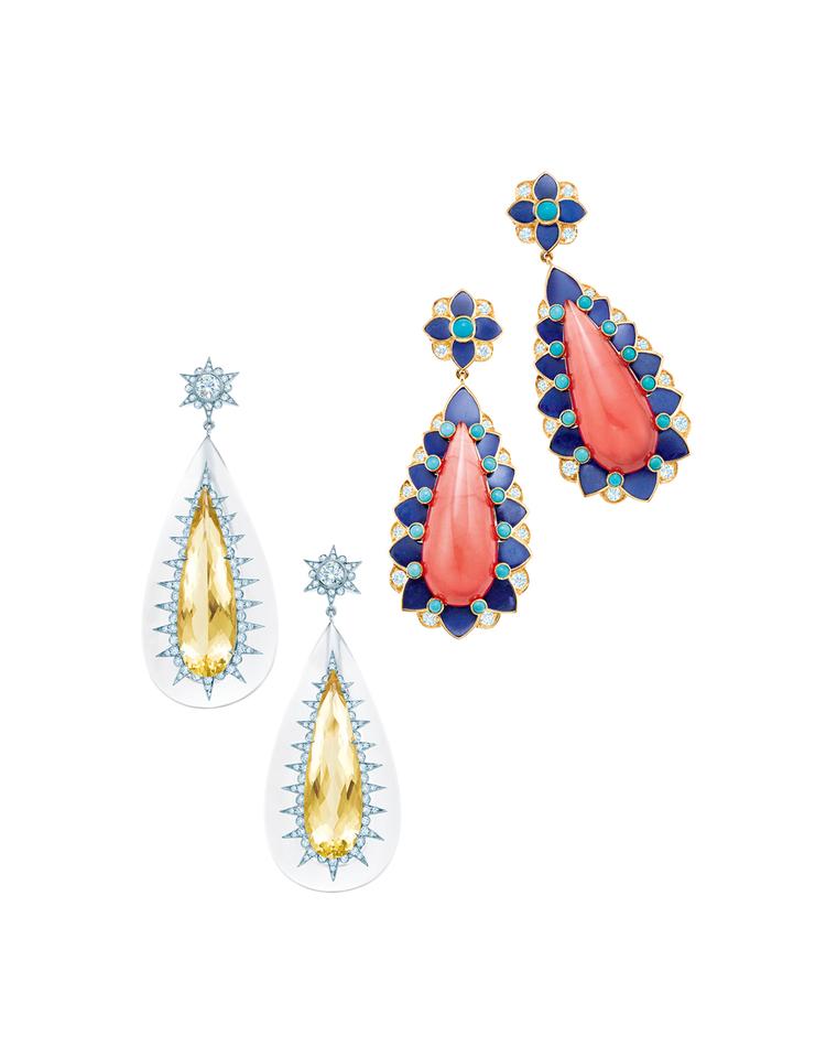 The distinctive cabochon rhodochrosite, lapis lazuli, turquoise and diamond Tiffany & Co. earrings (right) worn by Amy Adams on the 2014 Oscars red carpet