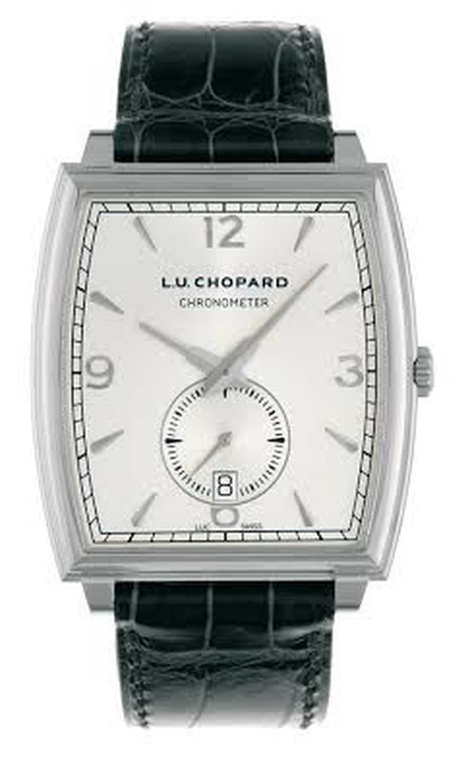 Chopard L.U.C XP Tonneau timepiece crafted in 18-carat white gold, featuring a white dial and black leather strap, worn by Academy Award Winner Matthew McConaughey during the 86th Academy Awards.