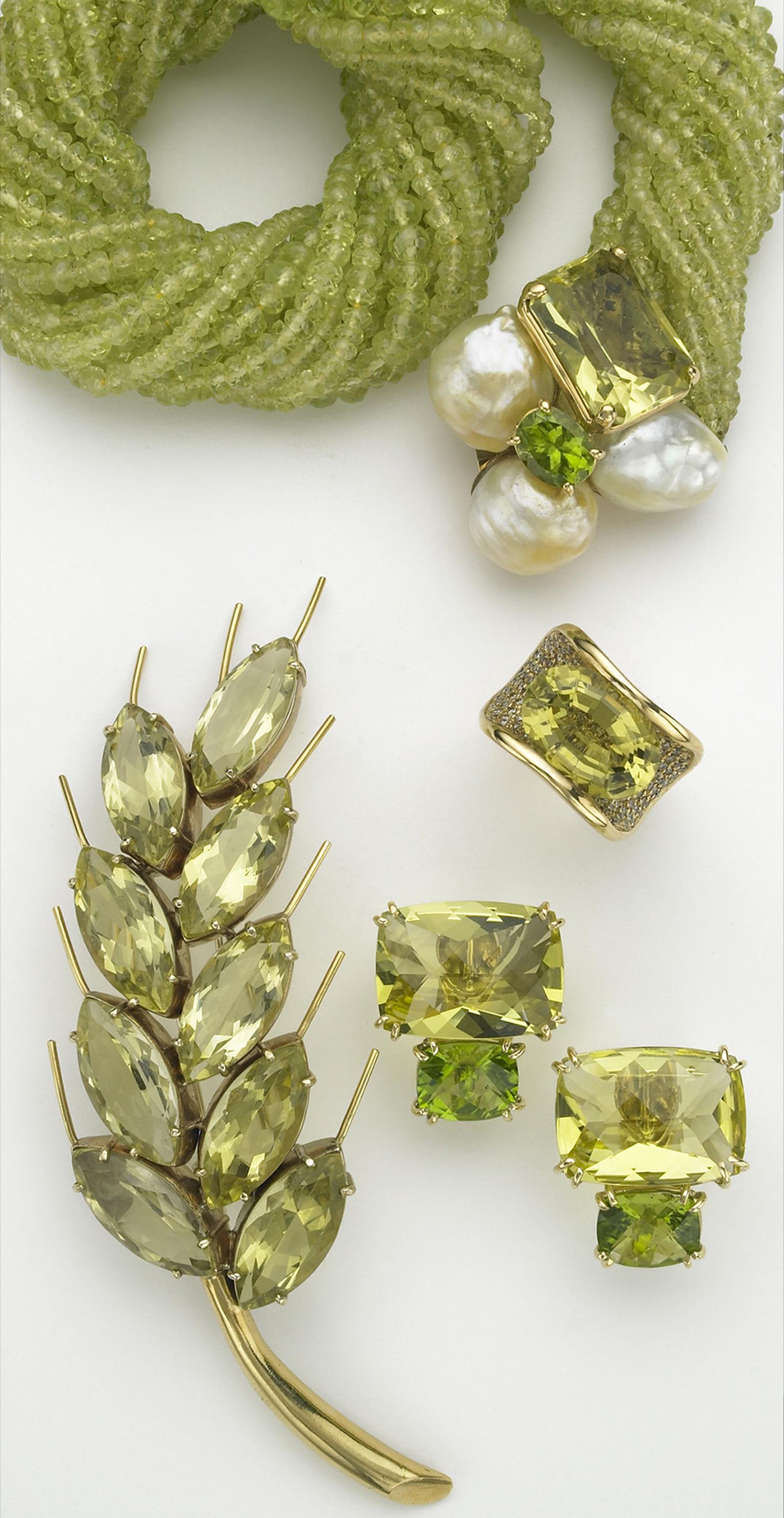 Sorab & Roshi faceted chrysoberyl bead necklace with a bubble clasp of South Sea pearls, lemon citrine and peridot; Jubilee ring with lemon citrine and pavé champagne diamonds; rectangular cushion earrings with lemon citrine and peridot; Wheat pin with fa