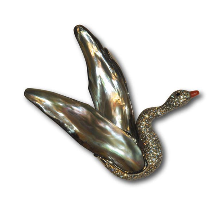 Sorab & Roshi Swan pin with Abalone pearl wings, pavé diamond neck and coral beak