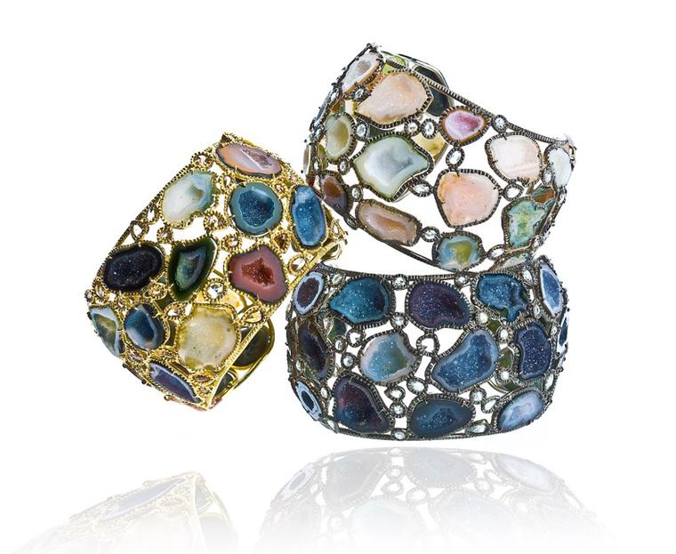 Kimberly McDonald geode and diamond cuffs in gold.