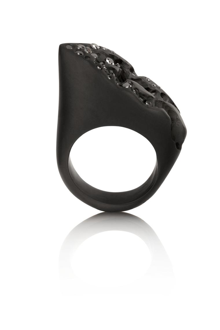 Jacqueline Cullen hand-carved Whitby Jet ring set with black diamonds