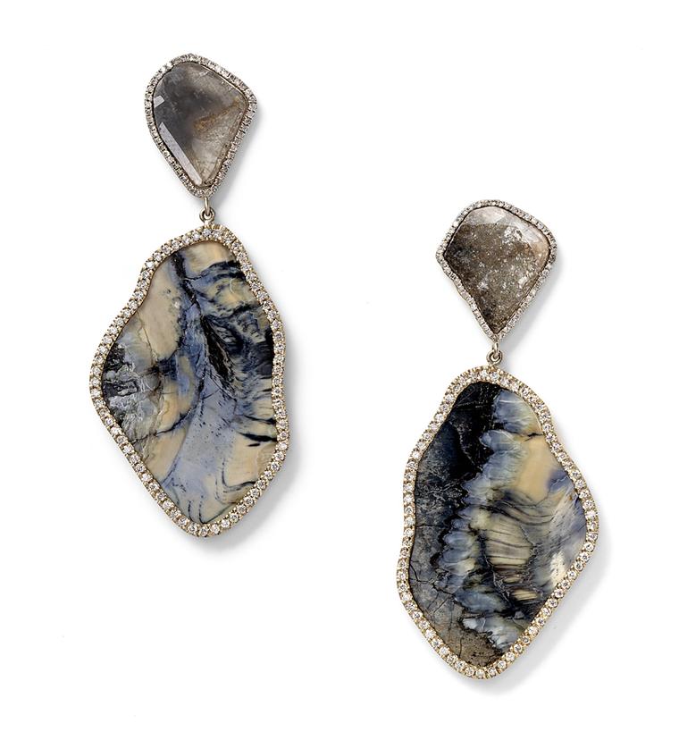 Monique Péan earrings featuring cream fossilized walrus ivory, striped agate, black Guatemalan jade and white diamonds.