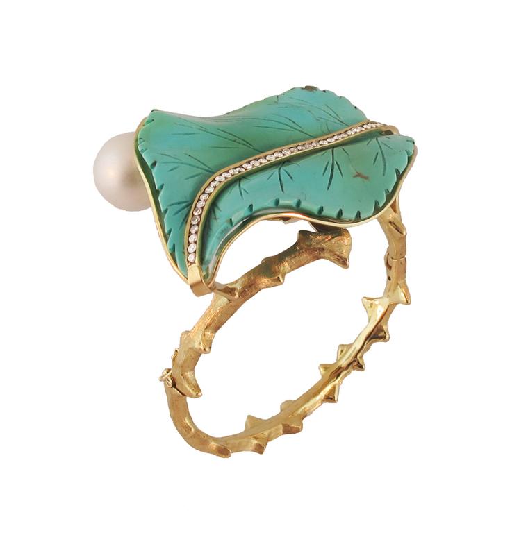 Silvia Furmanovich pearl, diamond and turquoise leaf cuff set in gold.