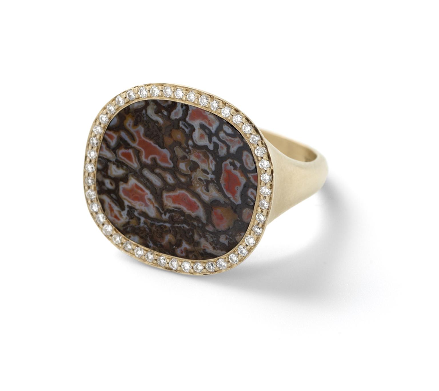 Monique Péan fossilized dinosaur bone ring in recycled yellow gold with diamond pavé.