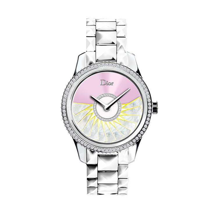 The oscillating weight on the pink Dior VIII Grand Bal Plissé Soleil watch is decorated with white mother-of-pearl marquetry, finished with yellow hems and set with diamonds