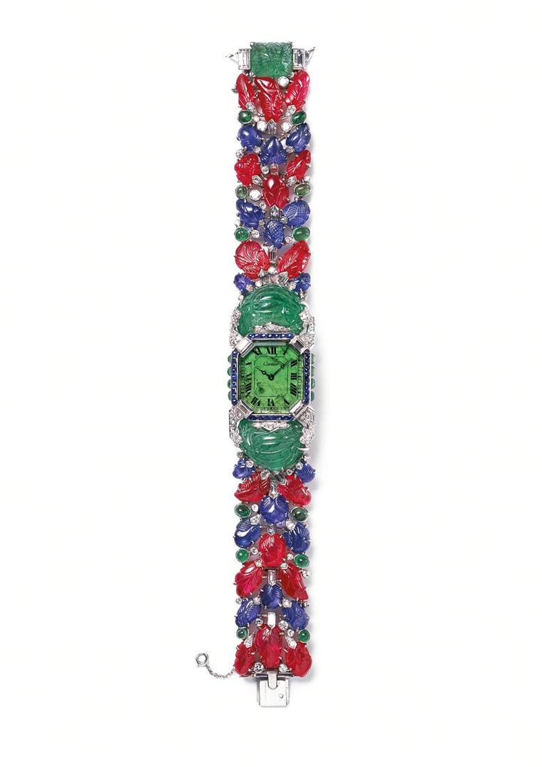 Cartier Tutti Frutti platinum bracelet watch from 1929 set with diamonds, emeralds, sapphires and rubies